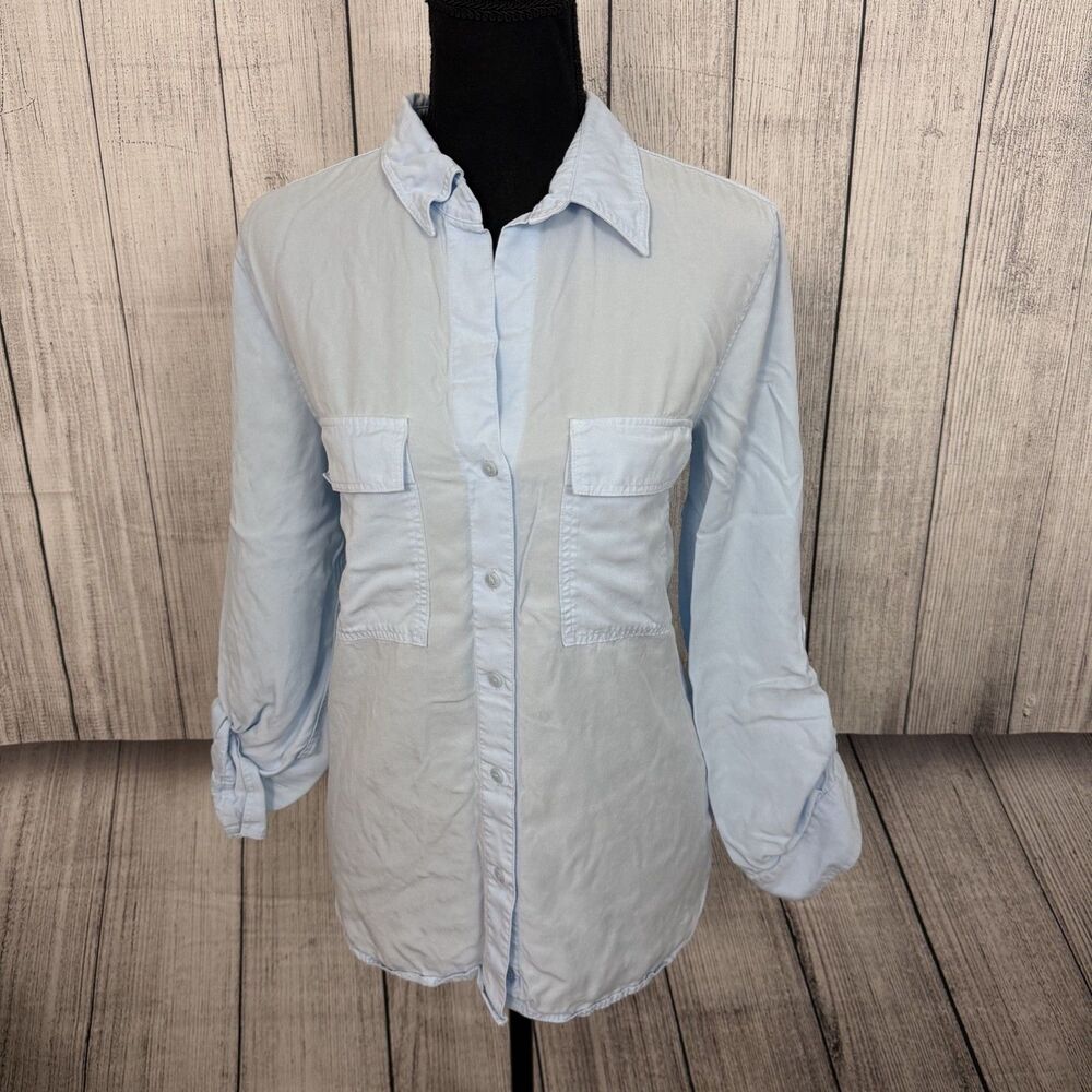 Babaton Aritzia Women's Small Blue Lyocell Roll Tab Sleeve Button Down Shirt
